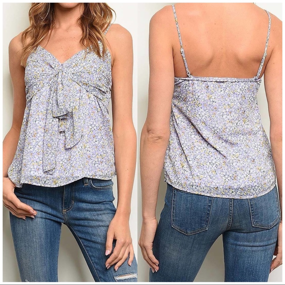 VIOLET FLORAL SPAGHETTI STRAP FRONT CHEST TIE CAMISOLE - Picture 6 of 8